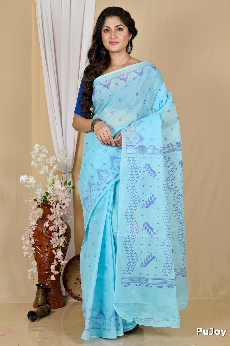 Sky Blue Pure Cotton Lupata Tant Saree Print (2055)