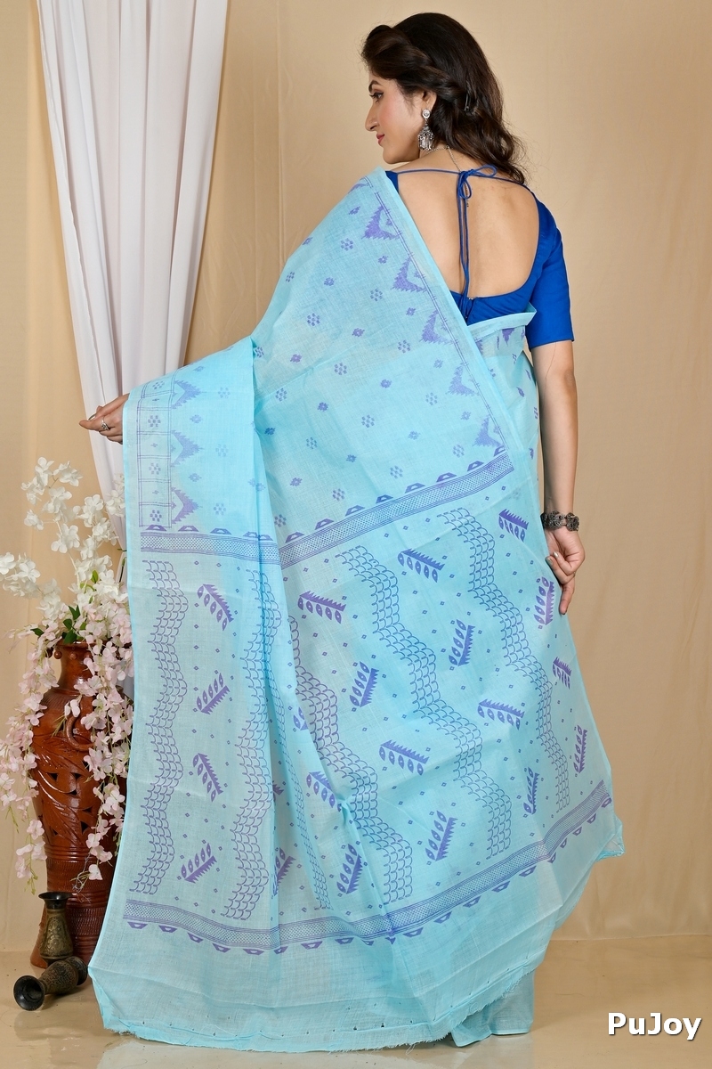 Sky Blue Pure Cotton Lupata Tant Saree Print (2055)