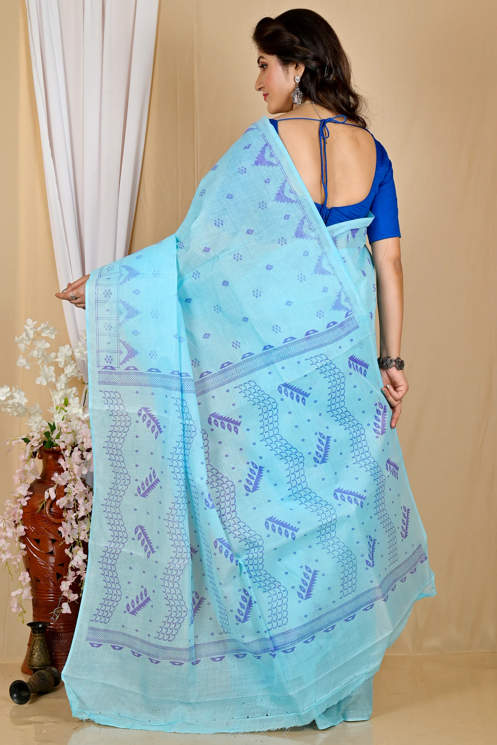 Sky Blue Pure Cotton Lupata Tant Saree Print (2055)