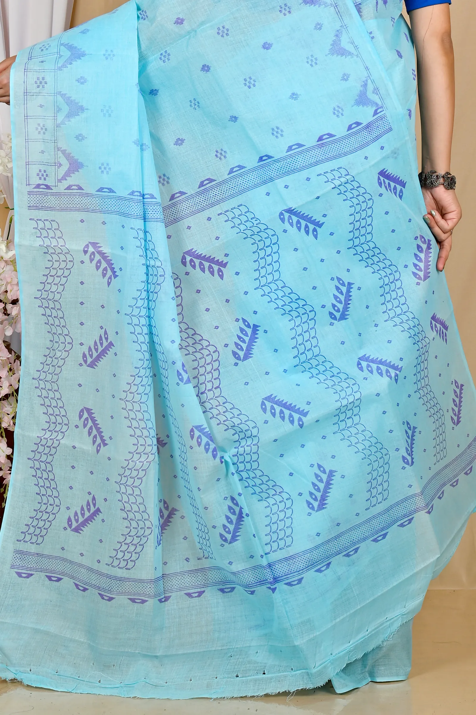 Sky Blue Pure Cotton Lupata Tant Saree Print (2055)
