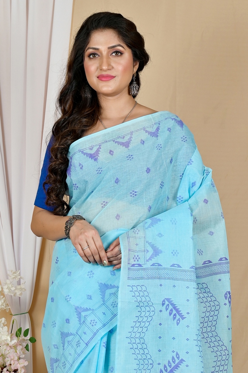 Sky Blue Pure Cotton Lupata Tant Saree Print (2055)