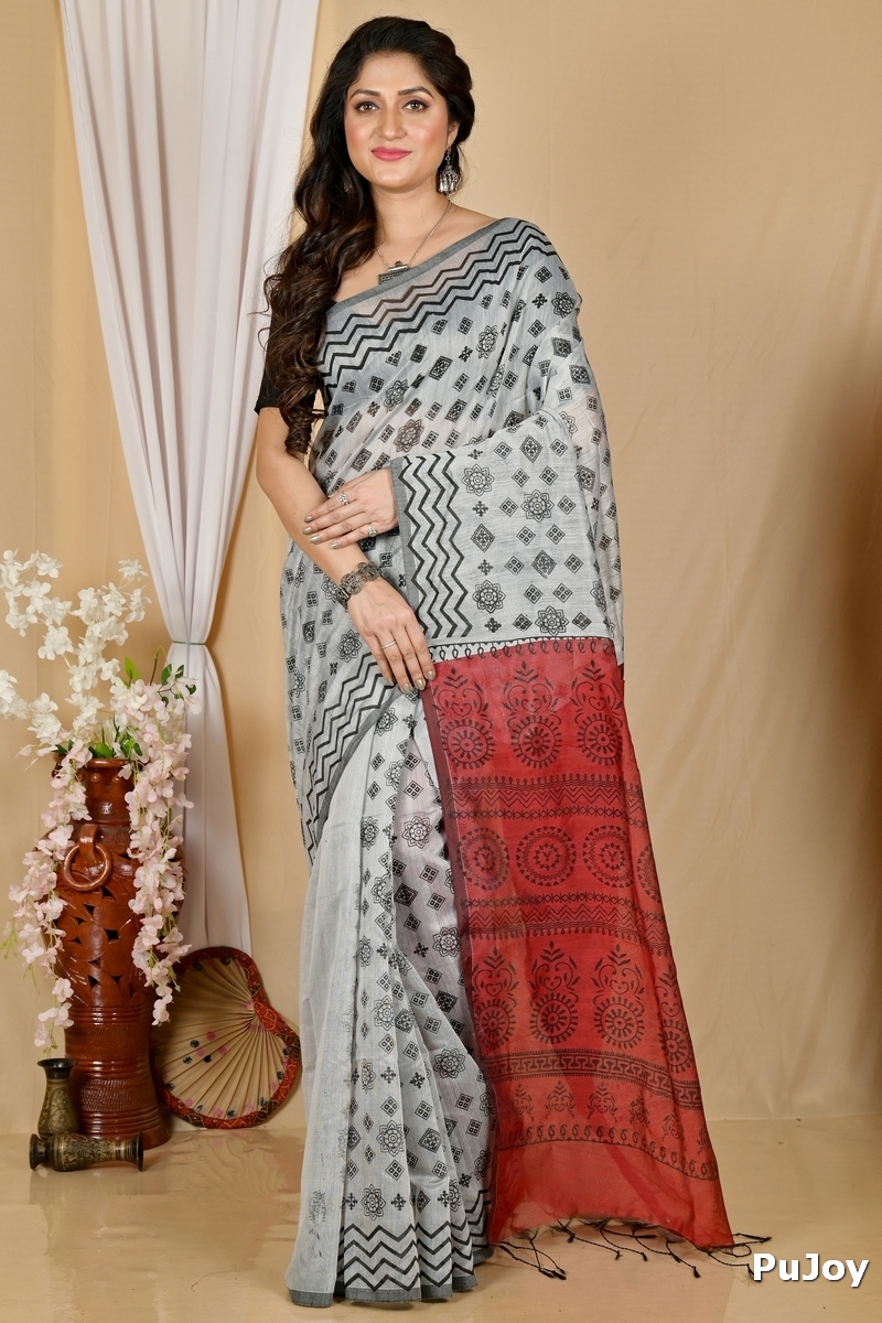 Marun Grey Pure Cotton Senak Printed Handloom Saree (2057)