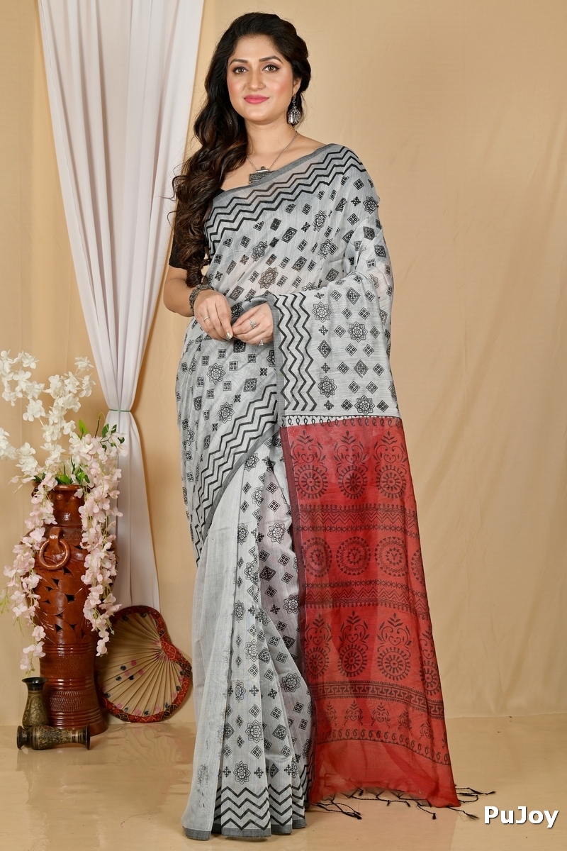 Marun Grey Pure Cotton Senak Printed Handloom Saree (2057)