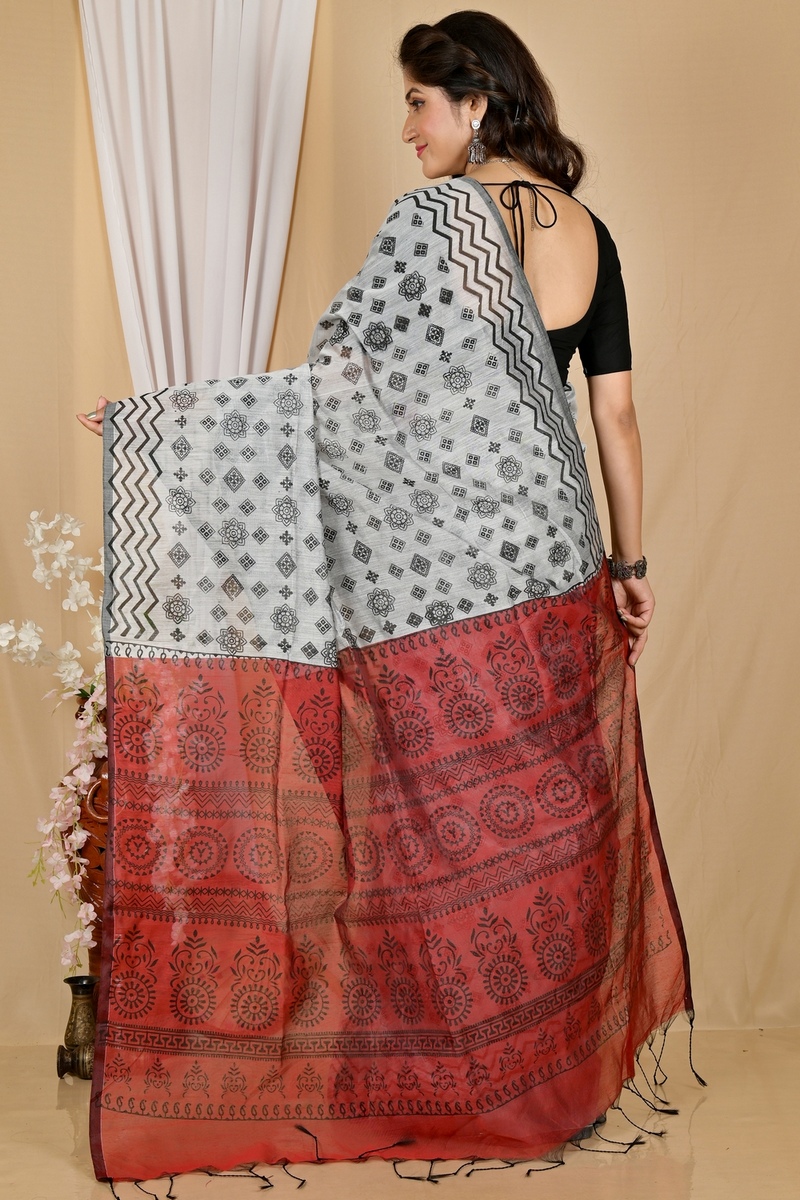 Marun Grey Pure Cotton Senak Printed Handloom Saree (2057)
