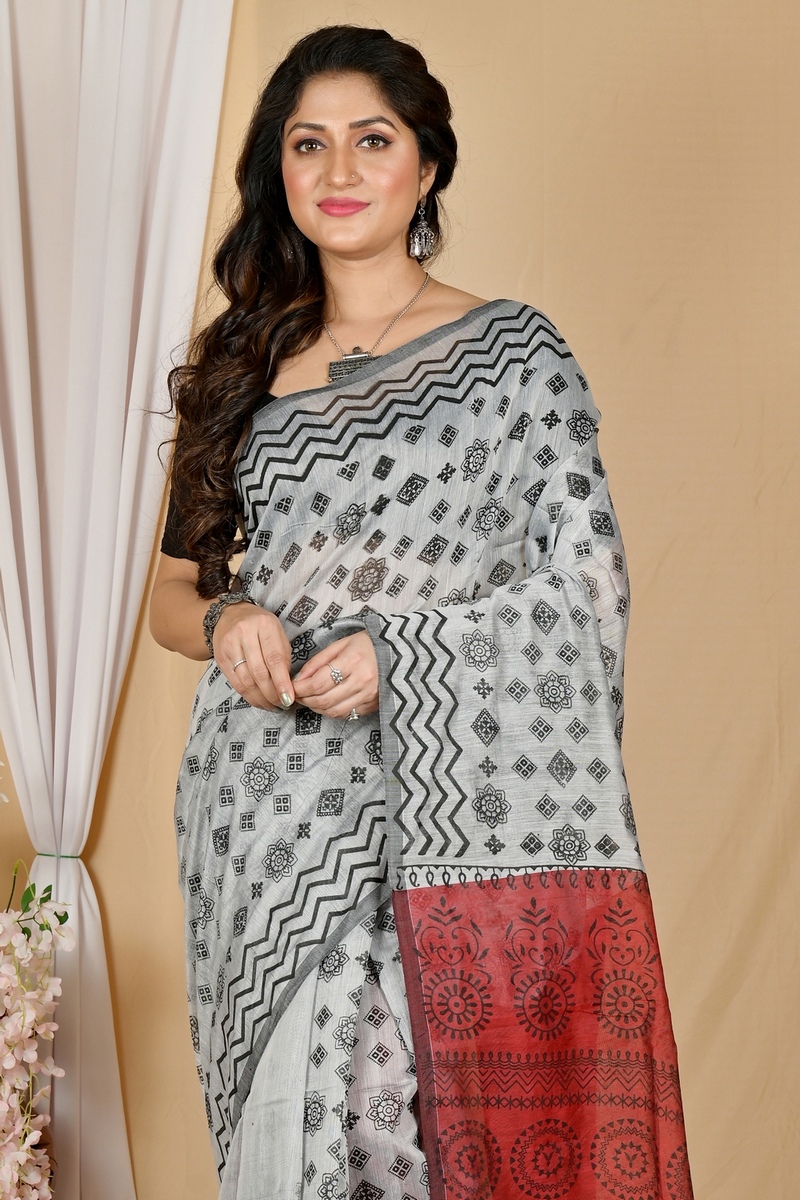 Marun Grey Pure Cotton Senak Printed Handloom Saree (2057)
