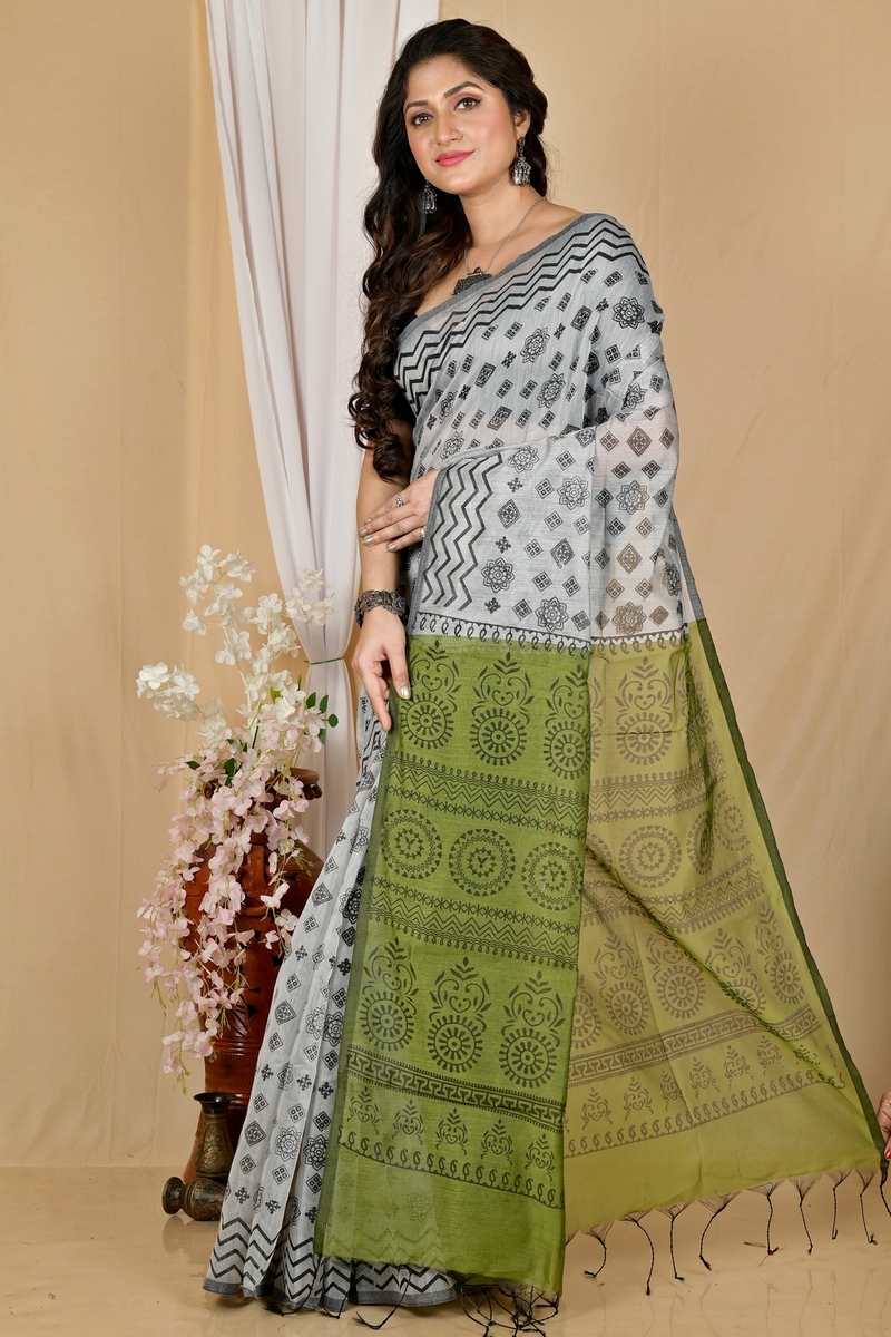 Green Grey Pure Cotton Senak Printed Handloom Saree (2058)