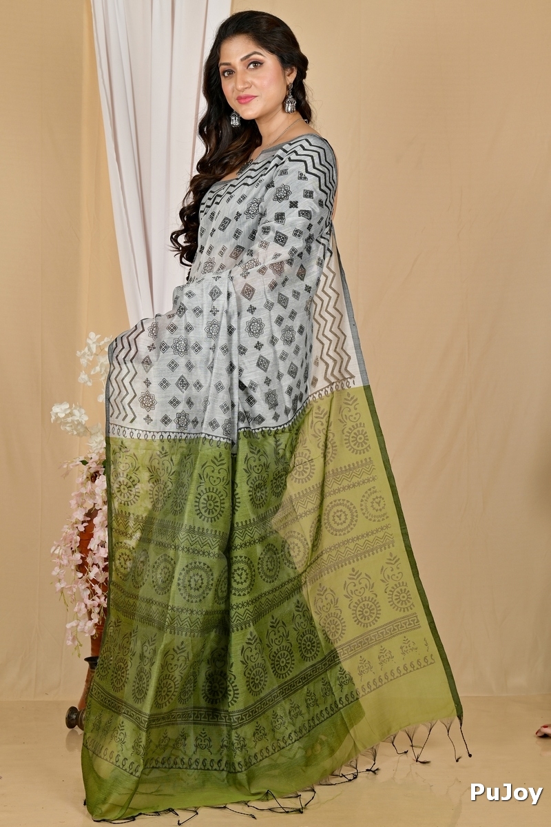 Green Grey Pure Cotton Senak Printed Handloom Saree (2058)