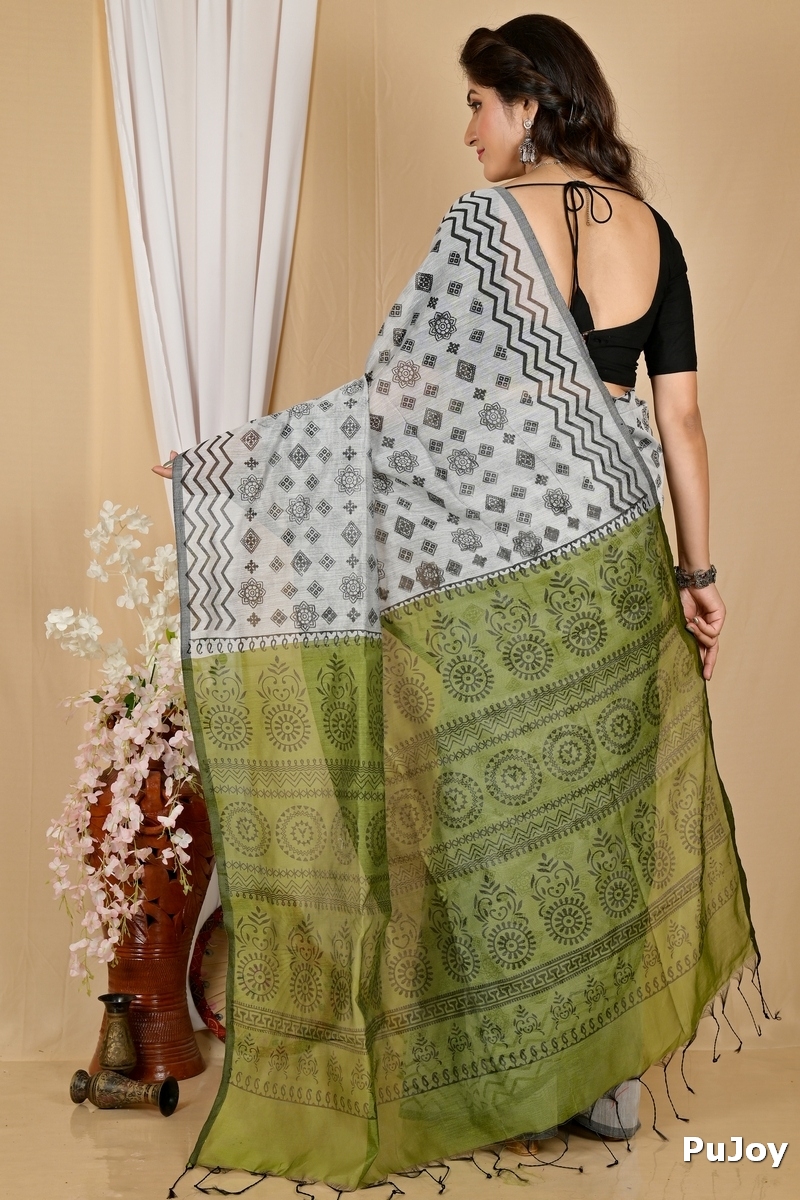 Green Grey Pure Cotton Senak Printed Handloom Saree (2058)