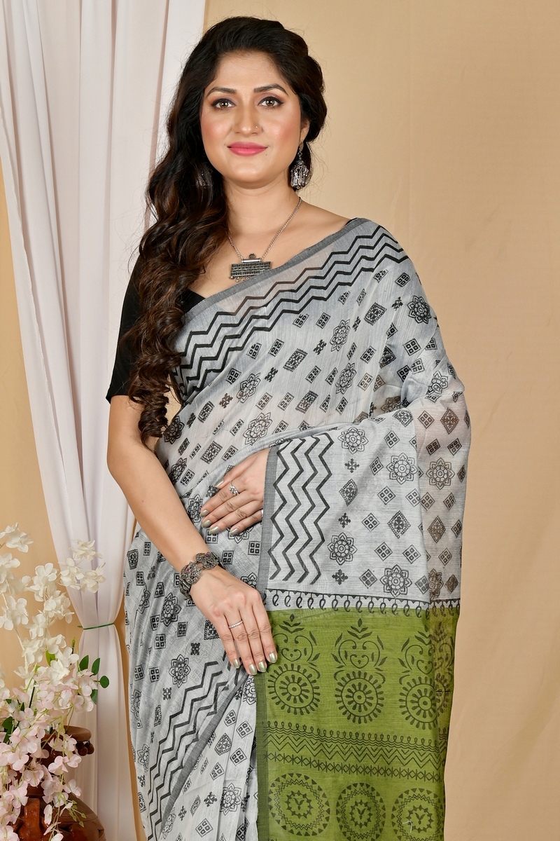 Green Grey Pure Cotton Senak Printed Handloom Saree (2058)