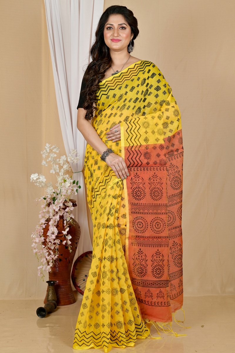 Yellow Brown Pure Cotton Senak Printed Handloom Saree (2059)