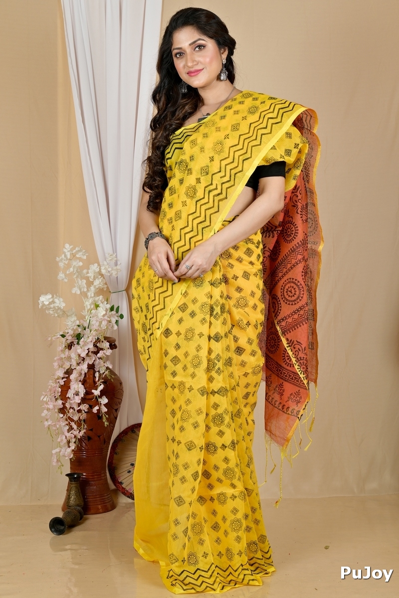 Yellow Brown Pure Cotton Senak Printed Handloom Saree (2059)