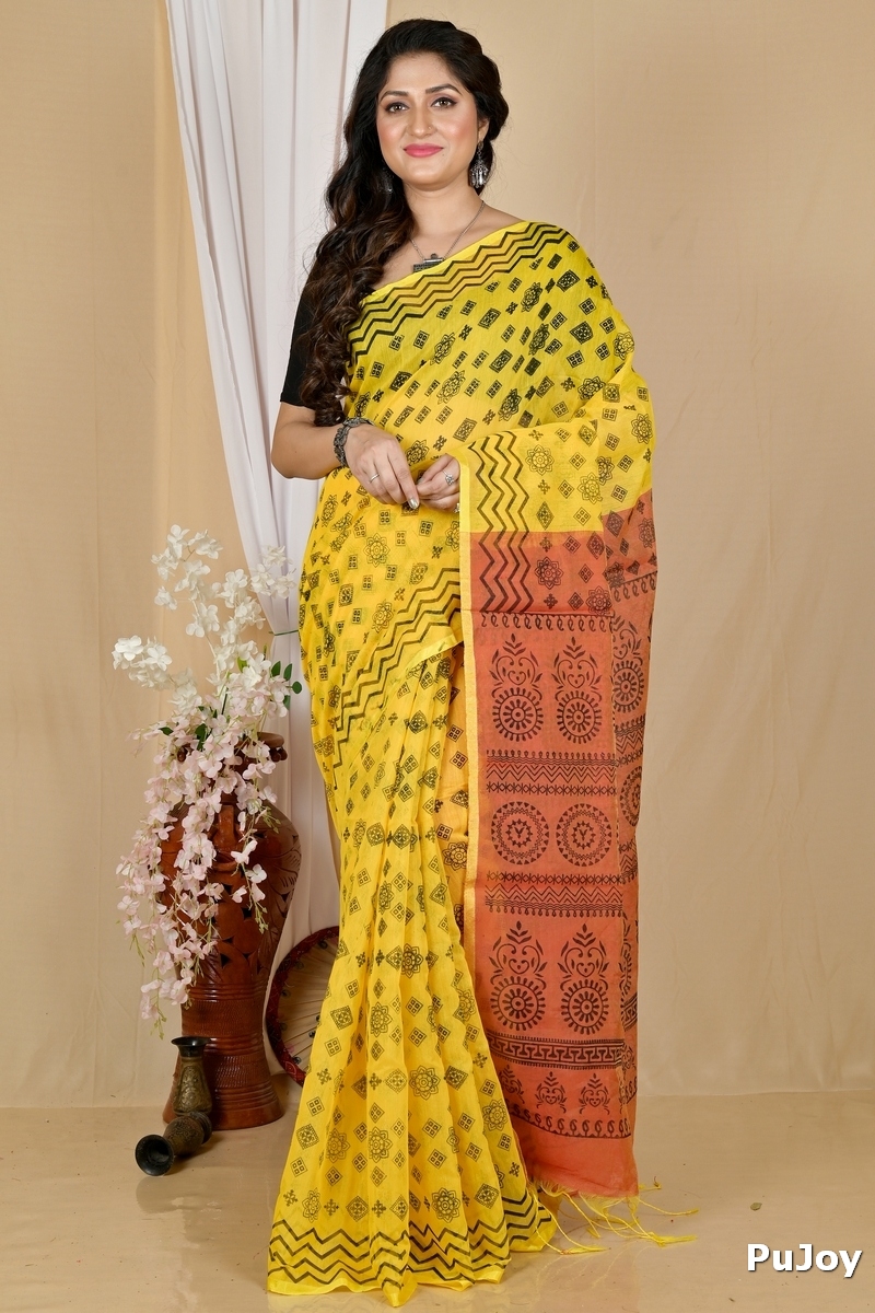 Yellow Brown Pure Cotton Senak Printed Handloom Saree (2059)