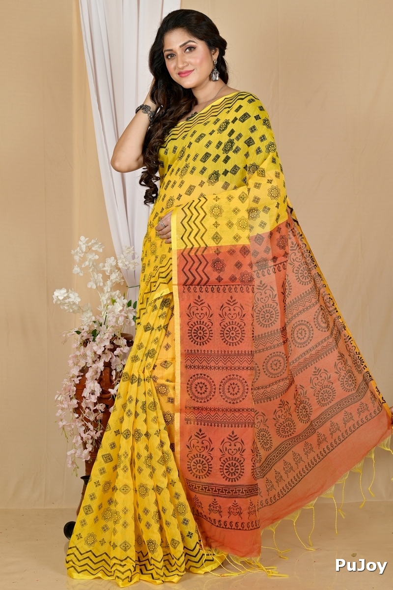 Yellow Brown Pure Cotton Senak Printed Handloom Saree (2059)