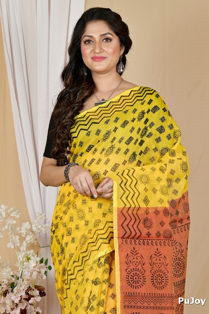 Yellow Brown Pure Cotton Senak Printed Handloom Saree (2059)