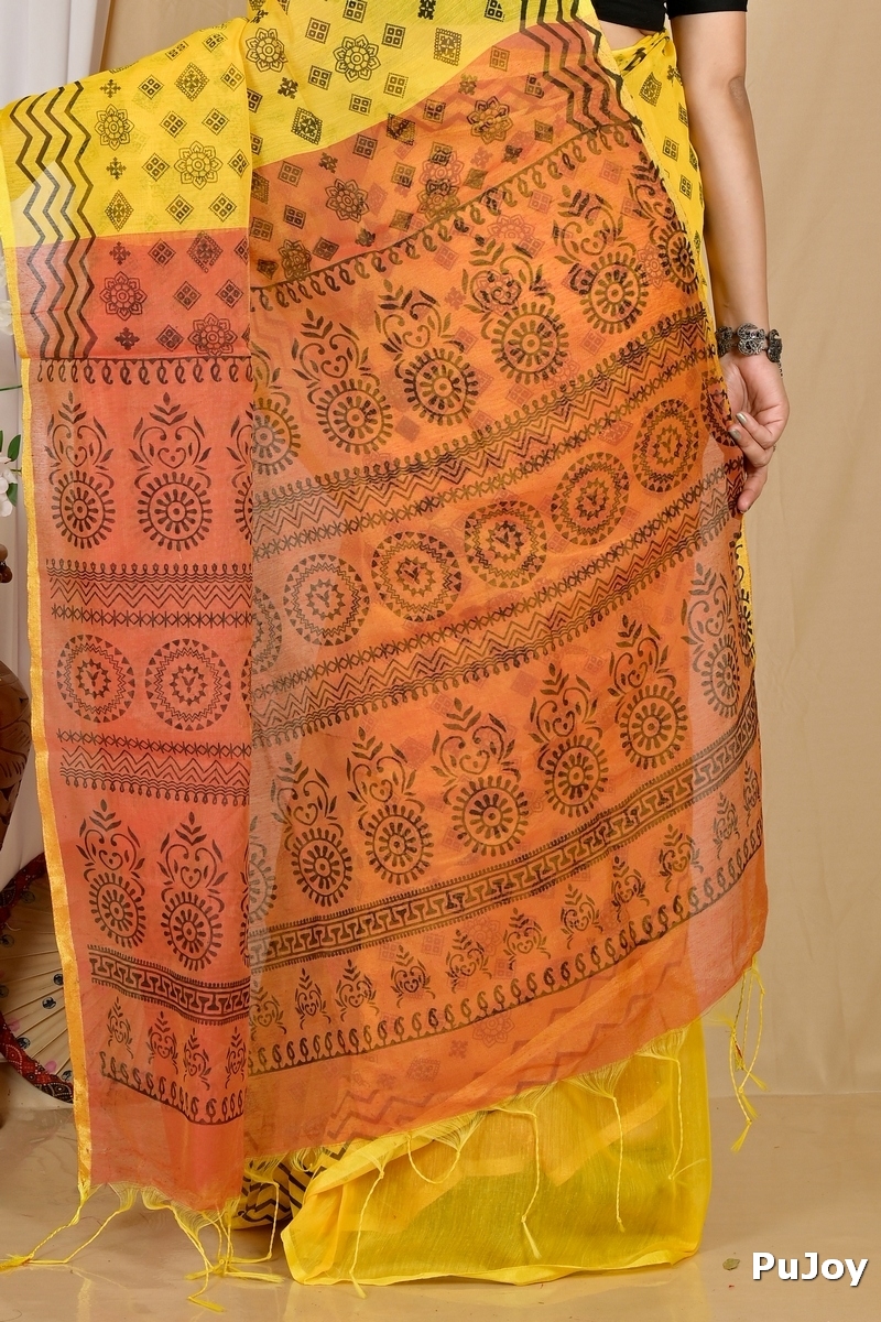 Yellow Brown Pure Cotton Senak Printed Handloom Saree (2059)
