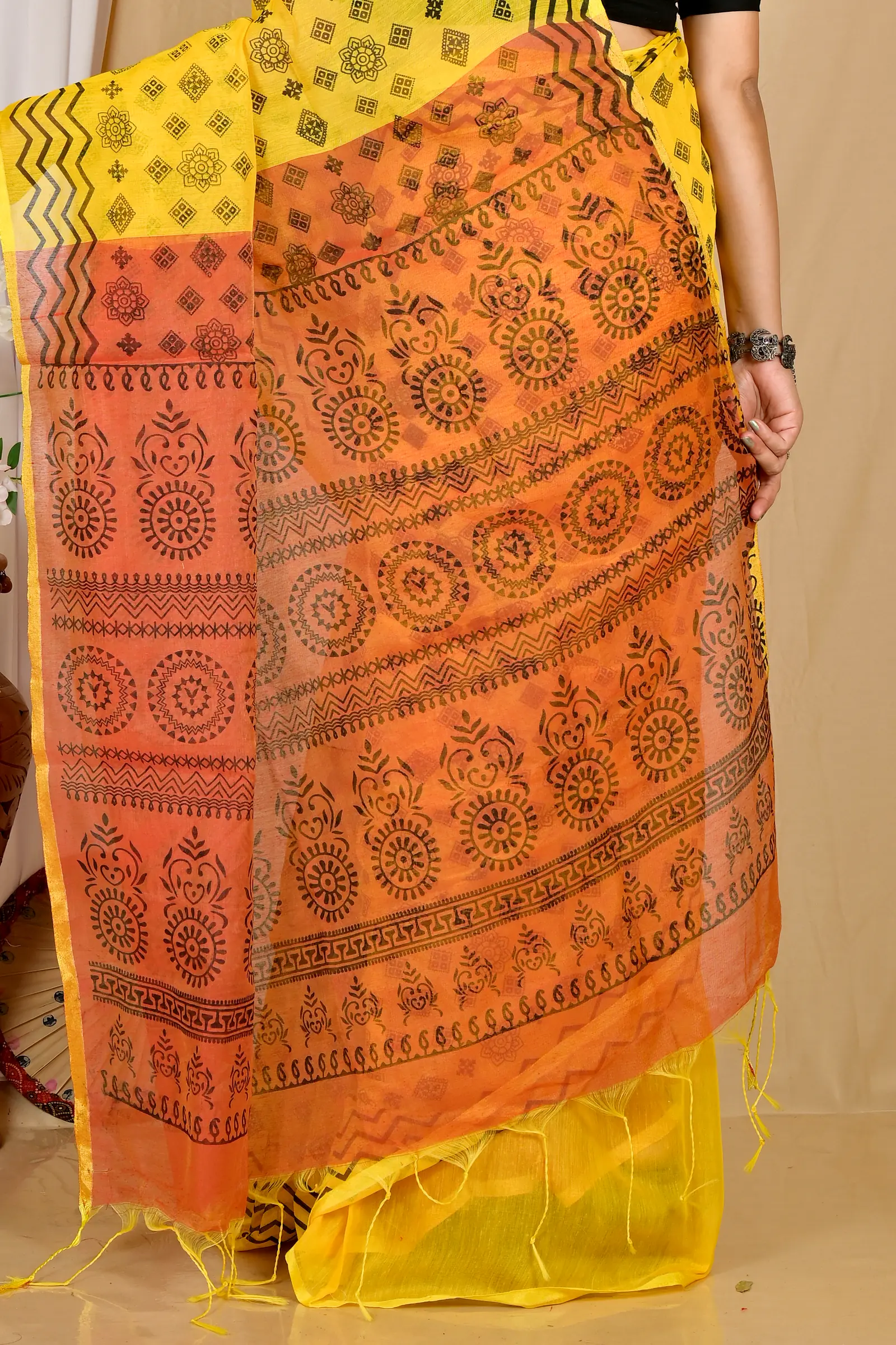 Yellow Brown Pure Cotton Senak Printed Handloom Saree (2059)