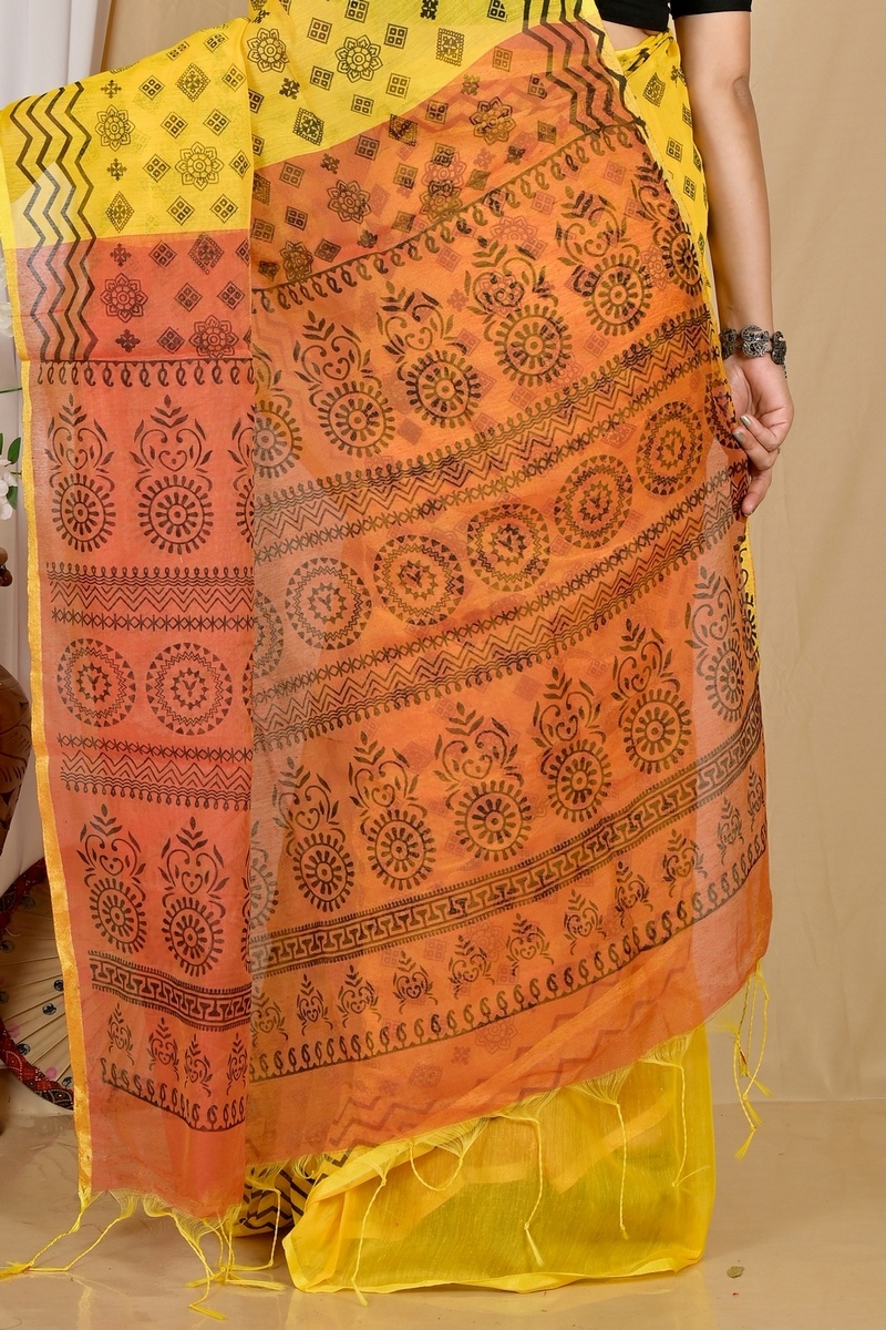 Yellow Brown Pure Cotton Senak Printed Handloom Saree (2059)
