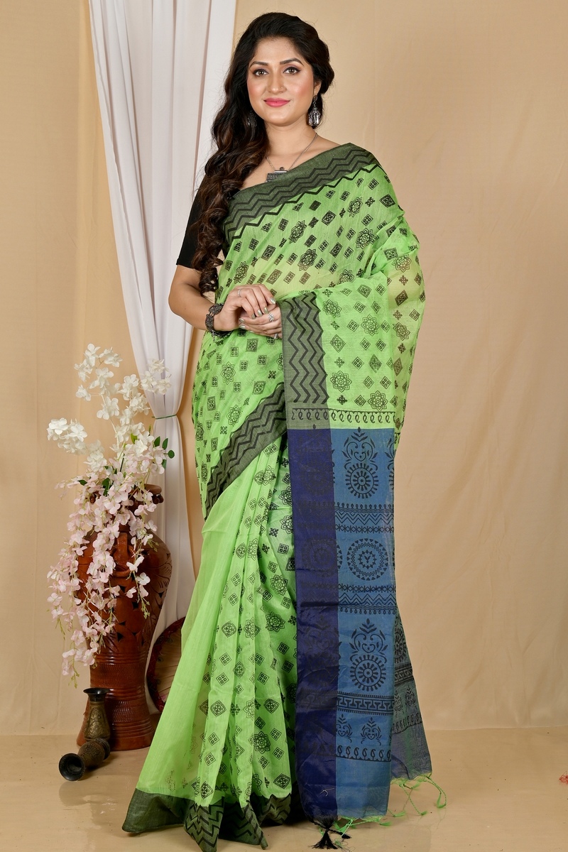 Green Pure Cotton Senak Printed Handloom Saree (2060)