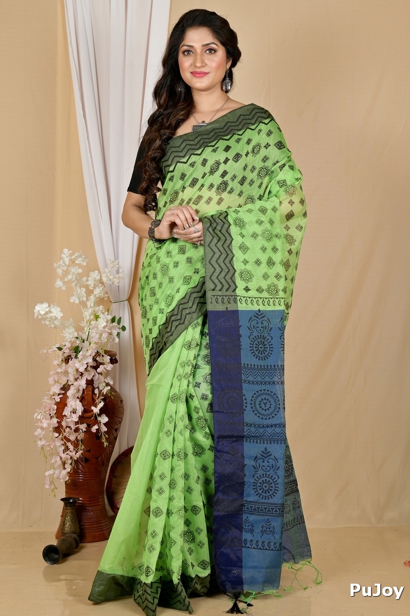 Green Pure Cotton Senak Printed Handloom Saree (2060)