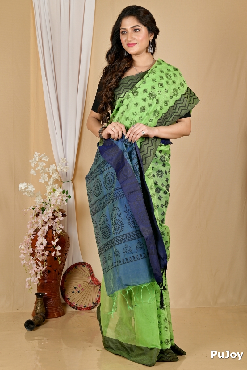 Green Pure Cotton Senak Printed Handloom Saree (2060)