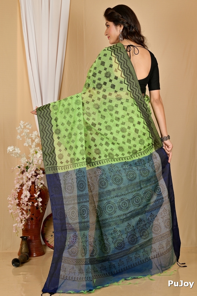 Green Pure Cotton Senak Printed Handloom Saree (2060)