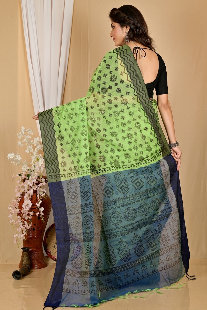 Green Pure Cotton Senak Printed Handloom Saree (2060)