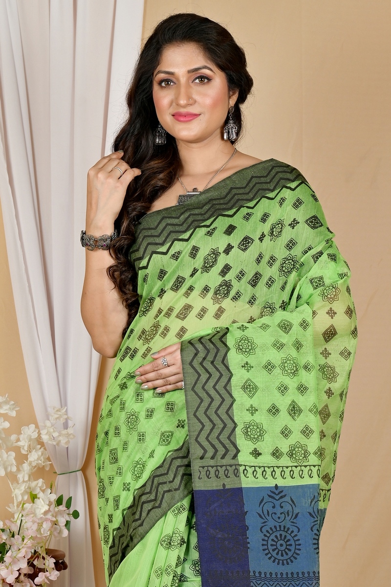 Green Pure Cotton Senak Printed Handloom Saree (2060)