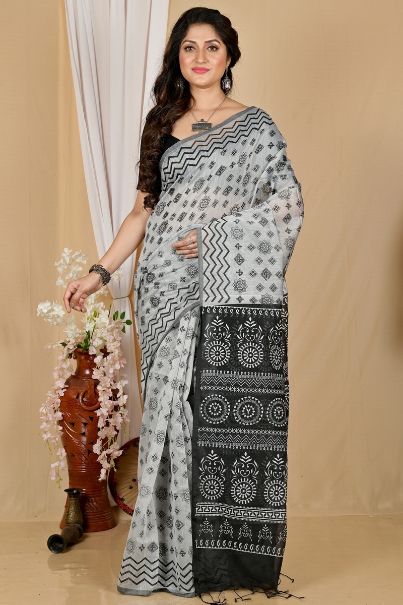 Grey Black Pure Cotton Senak Printed Handloom Saree (2061)