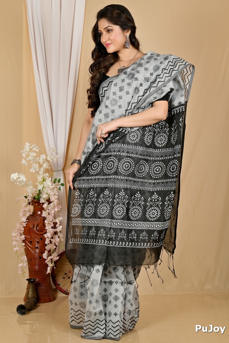 Grey Black Pure Cotton Senak Printed Handloom Saree (2061)