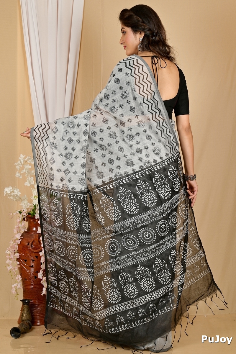 Grey Black Pure Cotton Senak Printed Handloom Saree (2061)