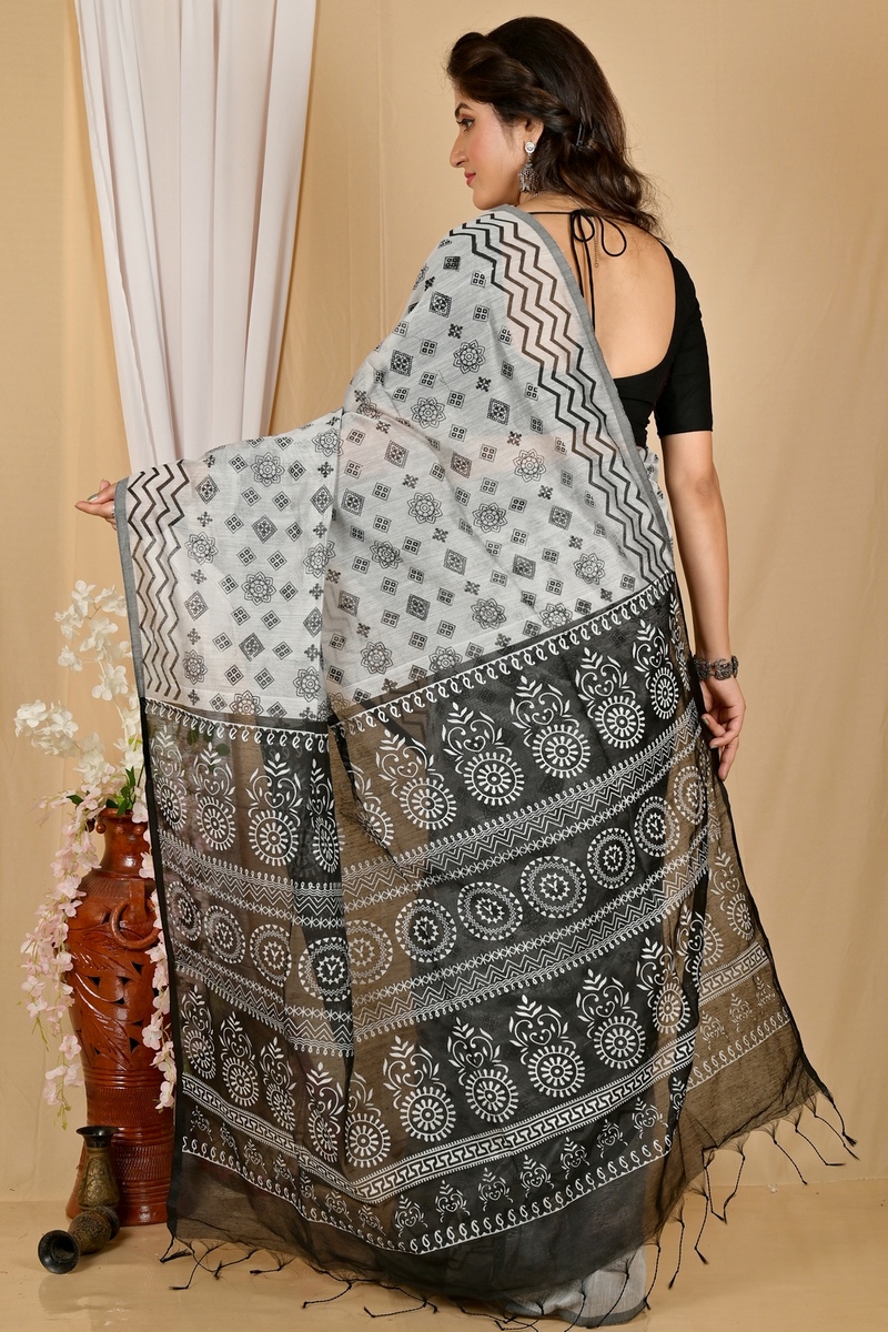 Grey Black Pure Cotton Senak Printed Handloom Saree (2061)