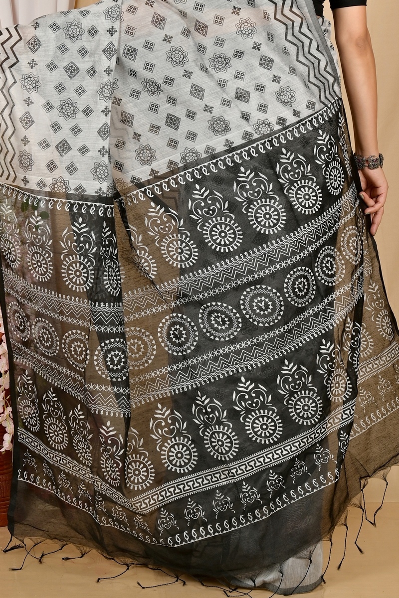 Grey Black Pure Cotton Senak Printed Handloom Saree (2061)