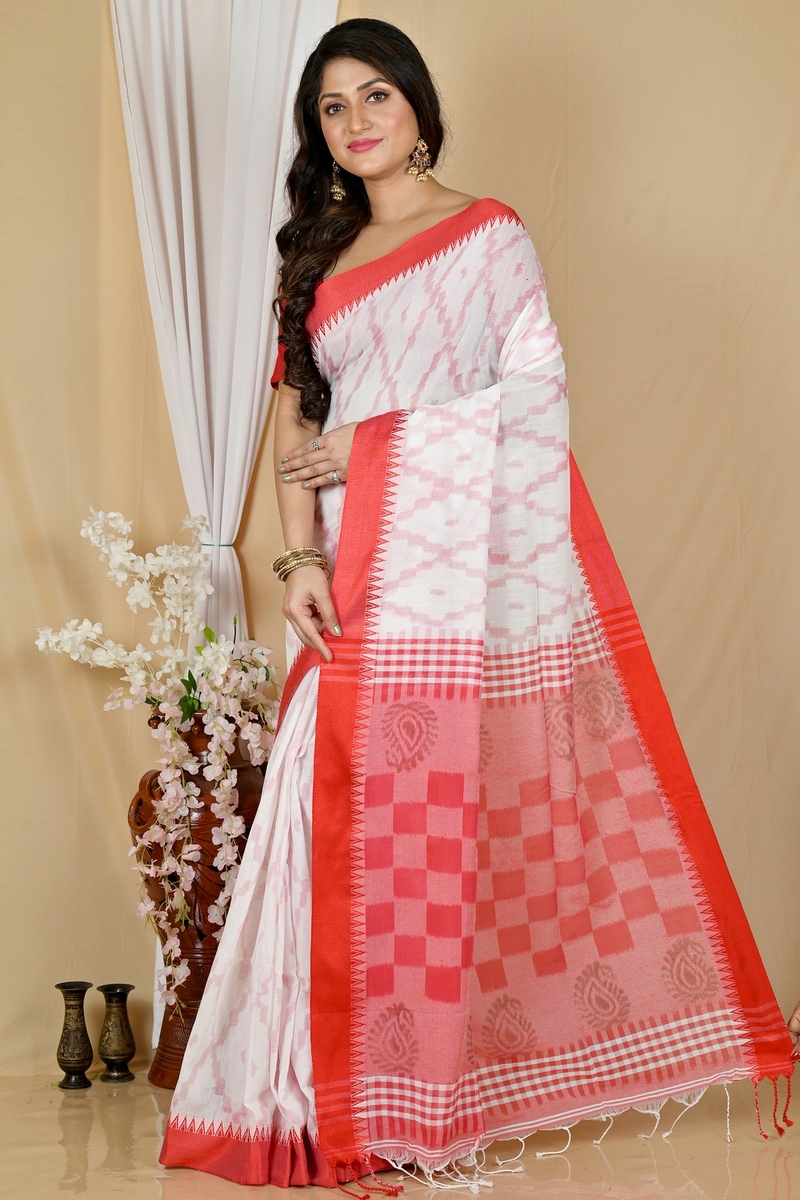 White Red Pure Cotton Seuma Hand Loom Saree (2062)