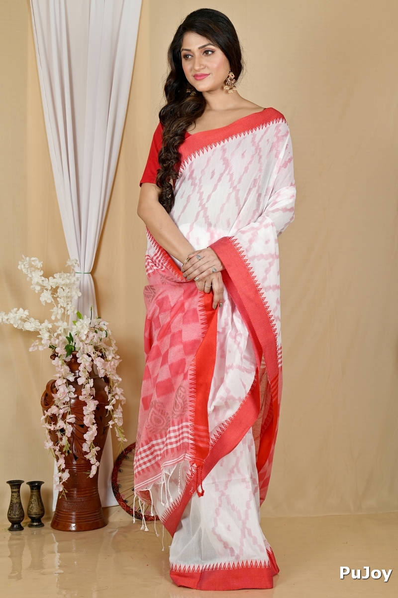 White Red Pure Cotton Seuma Hand Loom Saree (2062)