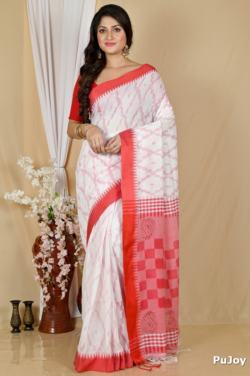 White Red Pure Cotton Seuma Hand Loom Saree (2062)
