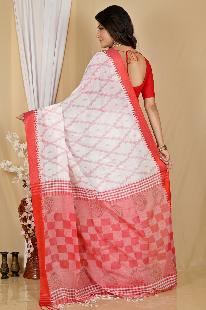 White Red Pure Cotton Seuma Hand Loom Saree (2062)