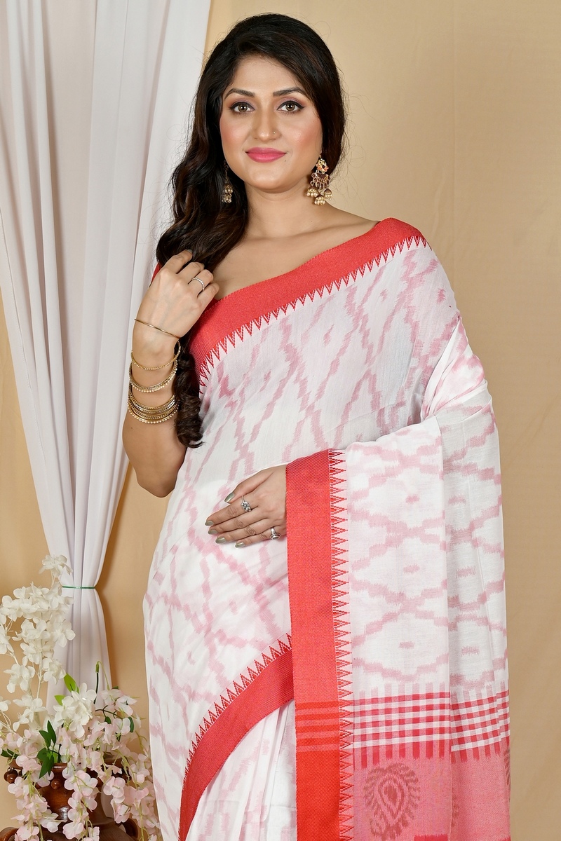 White Red Pure Cotton Seuma Hand Loom Saree (2062)