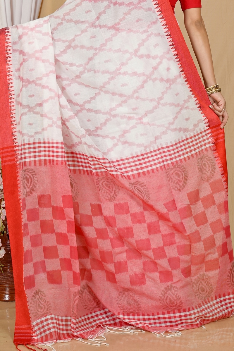 White Red Pure Cotton Seuma Hand Loom Saree (2062)