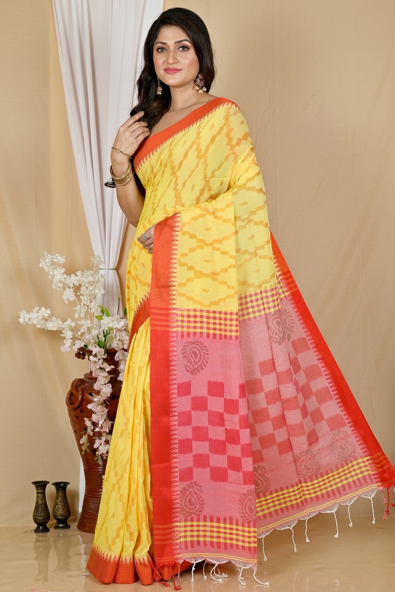 Yellow Red Pure Cotton Seuma Hand Loom Saree (2063)