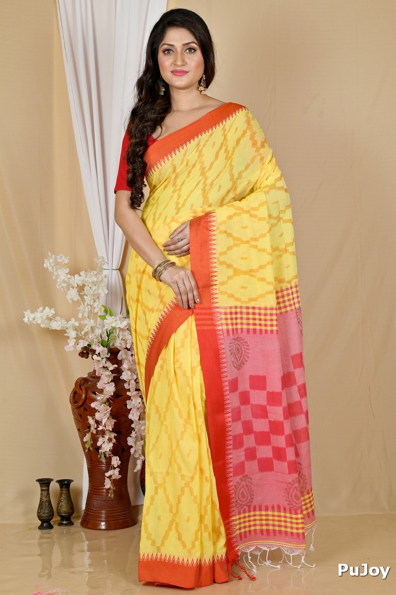 Yellow Red Pure Cotton Seuma Hand Loom Saree (2063)