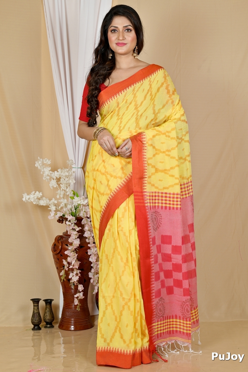 Yellow Red Pure Cotton Seuma Hand Loom Saree (2063)