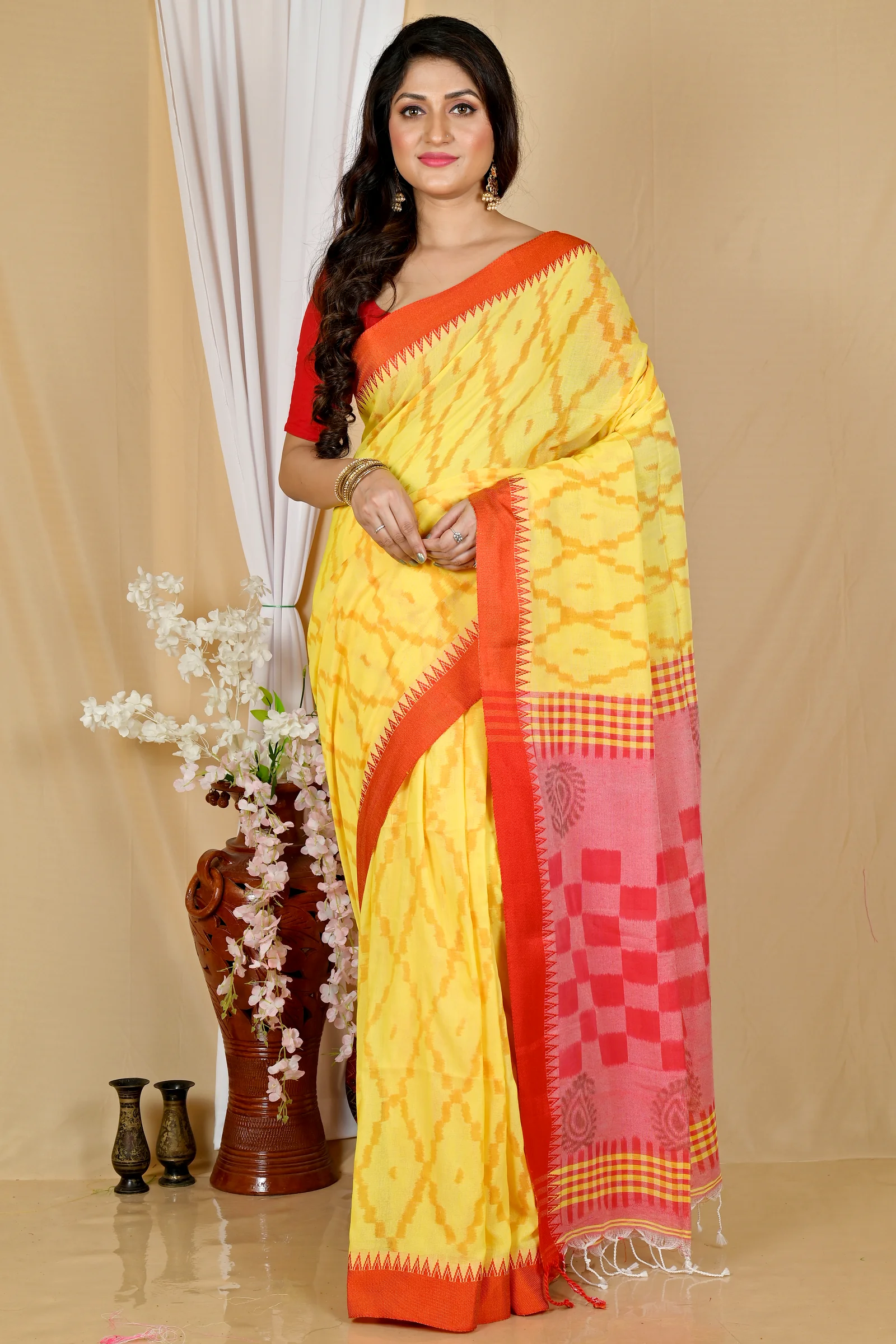 Yellow Red Pure Cotton Seuma Hand Loom Saree (2063)