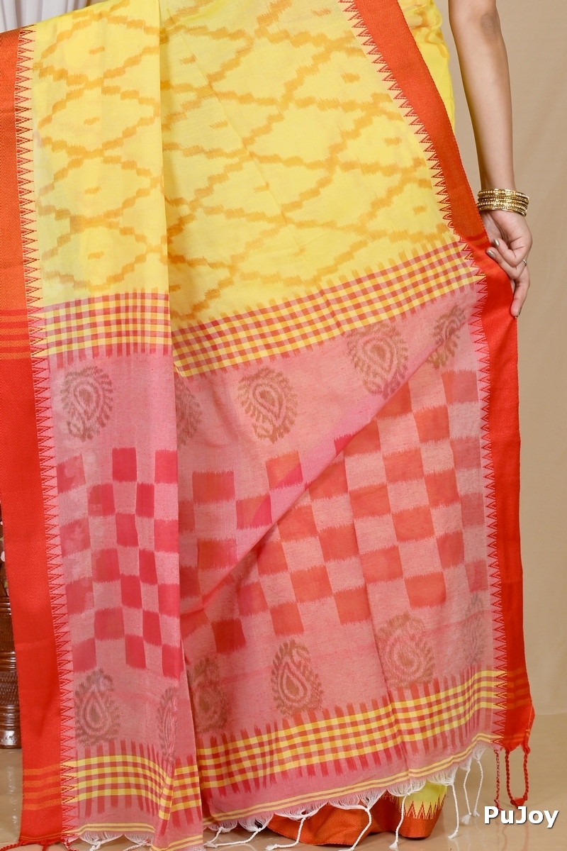 Yellow Red Pure Cotton Seuma Hand Loom Saree (2063)