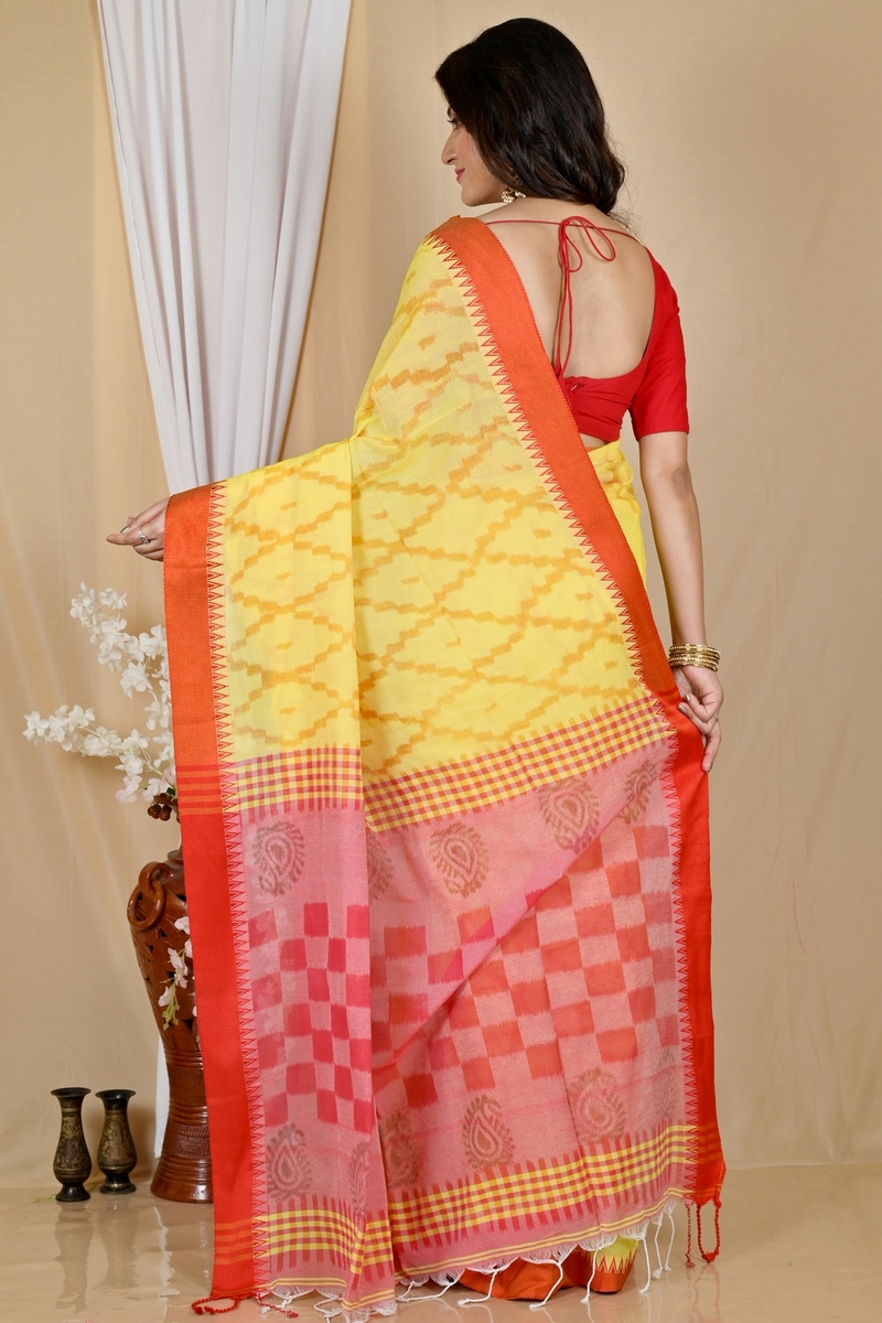 Yellow Red Pure Cotton Seuma Hand Loom Saree (2063)