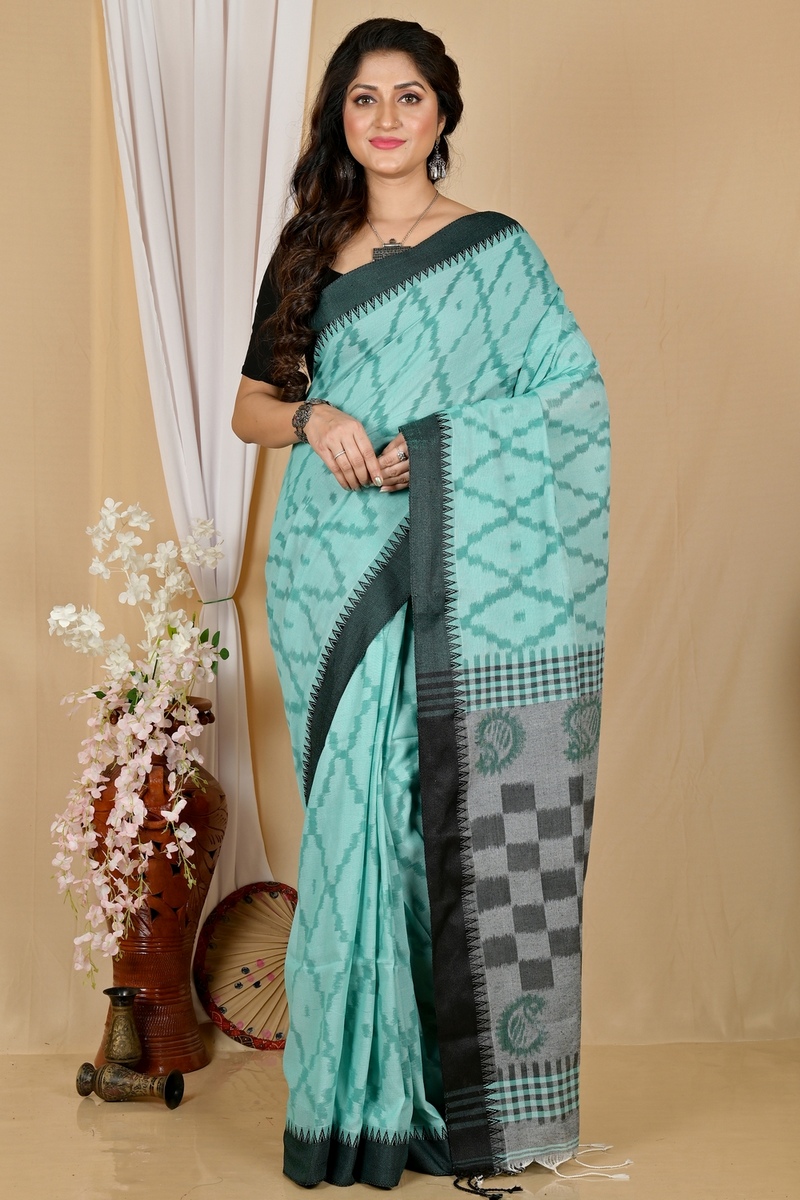 Turquoise Green Pure Cotton Seuma Hand Loom Saree (2064)