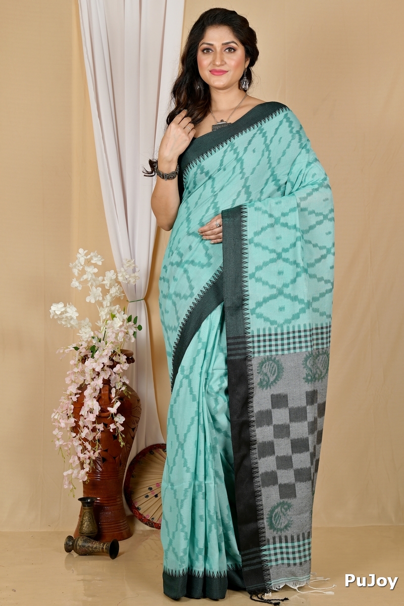 Turquoise Green Pure Cotton Seuma Hand Loom Saree (2064)