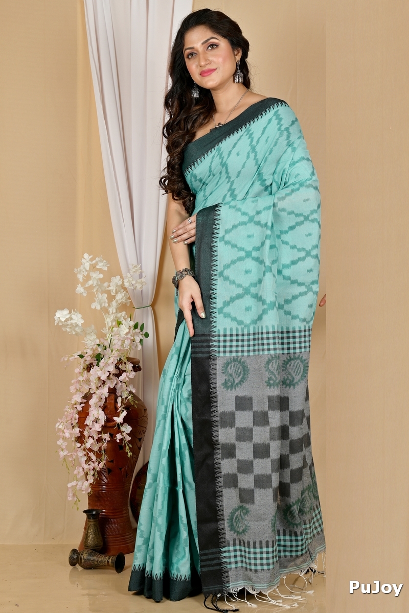 Turquoise Green Pure Cotton Seuma Hand Loom Saree (2064)