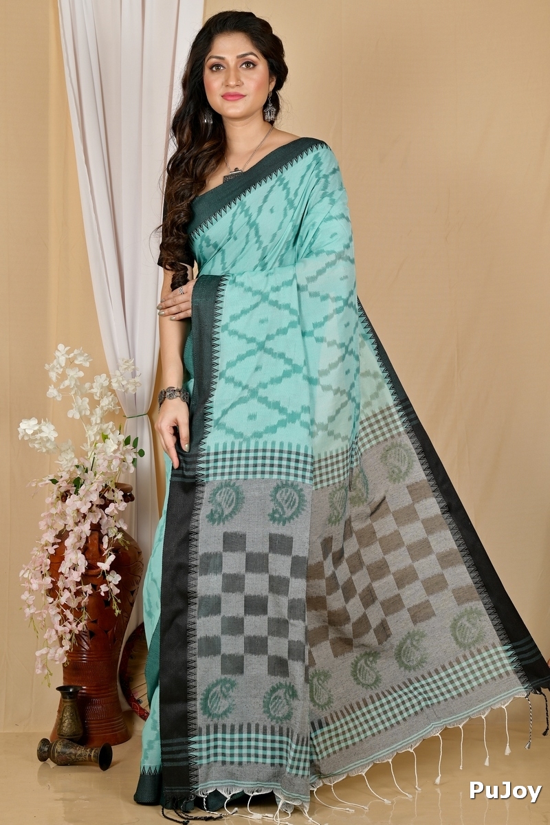 Turquoise Green Pure Cotton Seuma Hand Loom Saree (2064)