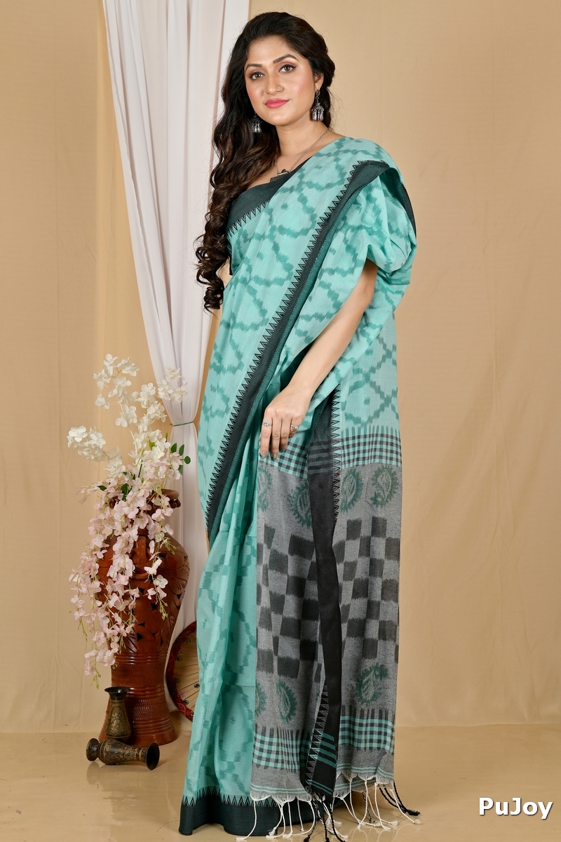 Turquoise Green Pure Cotton Seuma Hand Loom Saree (2064)