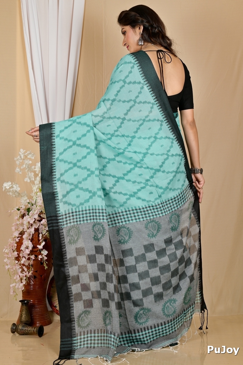 Turquoise Green Pure Cotton Seuma Hand Loom Saree (2064)